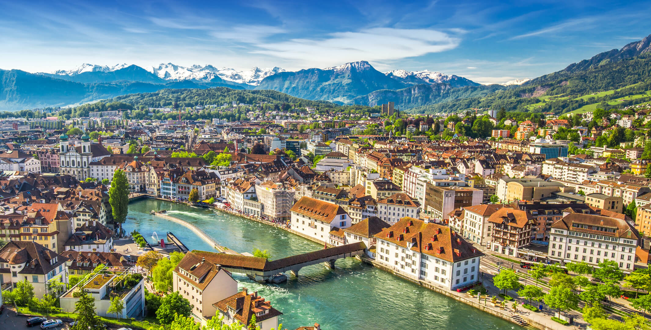 View to Pilatus mountain and historic city center of Luzern